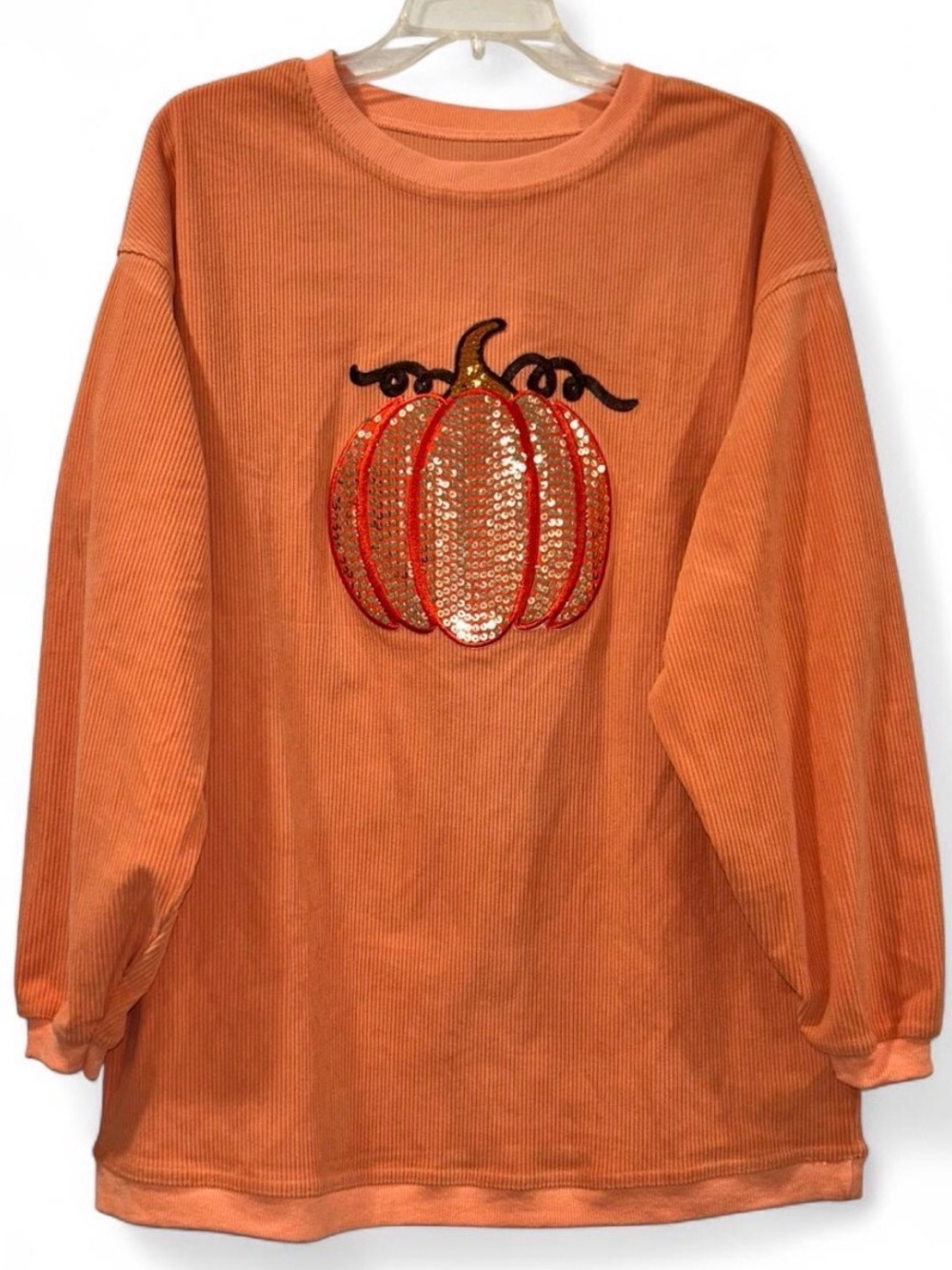 Sequin Pumpkin Corduroy Pullover Sweatshirt - Orange Women’s Large